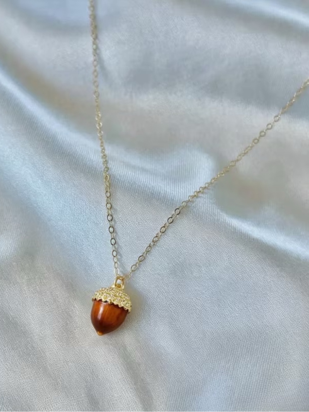 NEW Petite Gold-Toned Brown Acorn Pendant Necklace, Fairycore, Stainless Steel